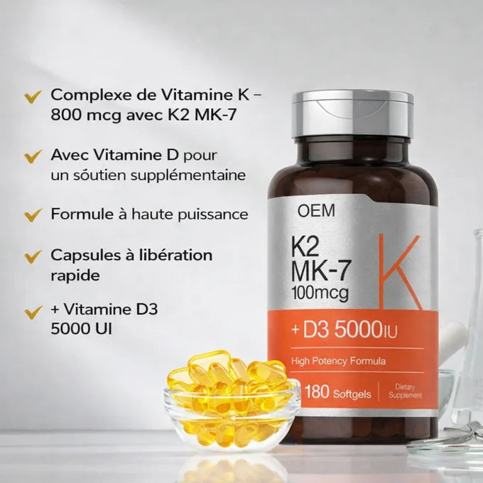 Capsules Molles pour Soutenir la Solidité des Os -Vitamine D3 + K2
