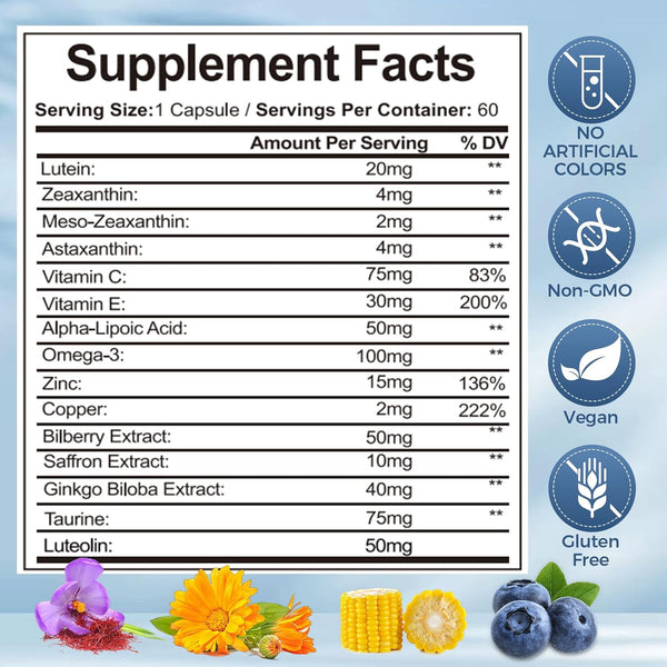 Capsules pour la santé oculaire 15-en-1 avec lutéine