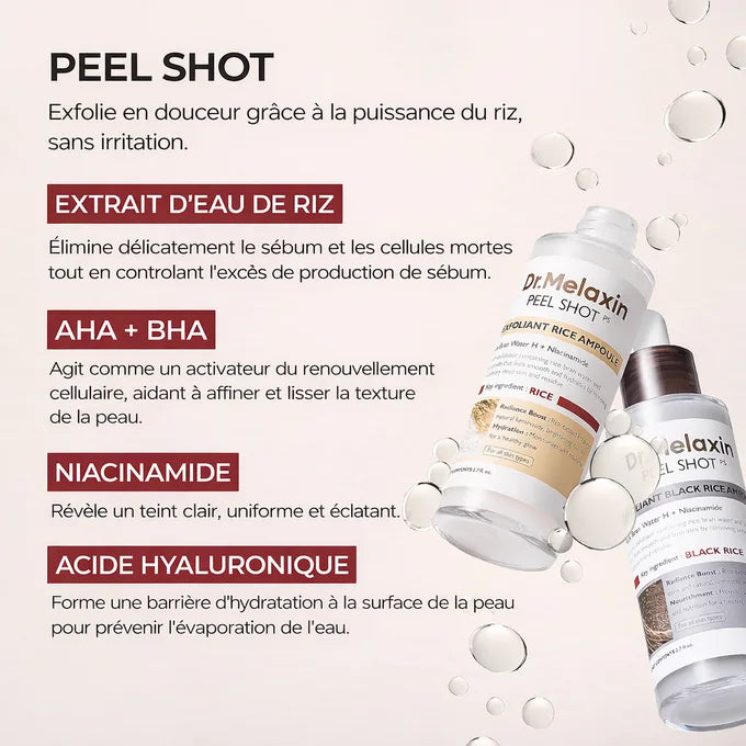 DR.MELAXIN Peel Shot Duo- Ampoule exfoliante au riz noir Shot